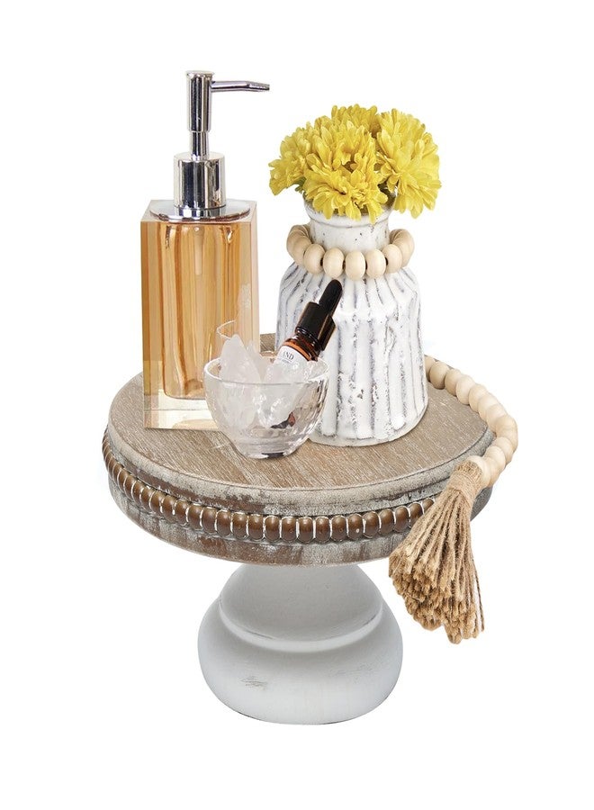 dwellington White Wash Round Display Wood Riser, 8.25” Shabby Chic Pedestal Tray Decor with Beads, Farmhouse Display Stands for Small Items in Coffee Bar, Bathroom, Kitchen Island - Image 1